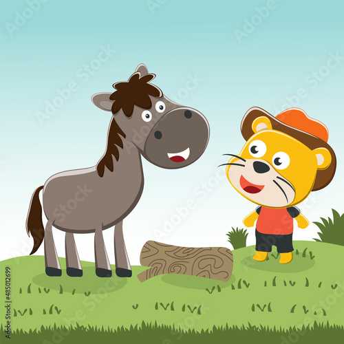 Happy cute lion and horse in field. Can be used for t-shirt printing  children wear fashion designs  baby shower invitation cards and other decoration.