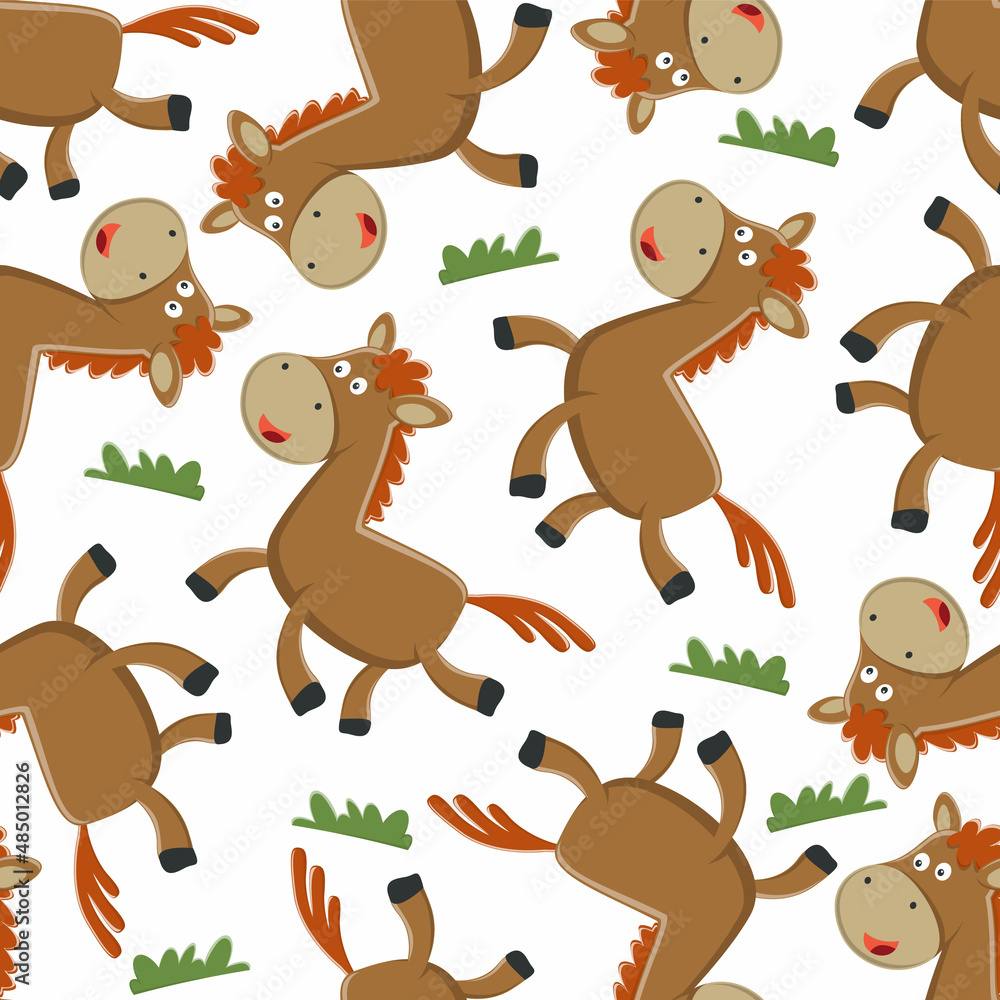 Obraz premium Vector equestrian seamless pattern of flat cartoon bay horse isolated on white background, Creative vector childish background for fabric textile, nursery wallpaper, brochure. and other decoration.