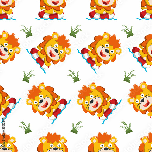 Seamless pattern of cute lion Swimming with a buoy. Animal cartoon concept isolated. Can used for t-shirt  greeting card  invitation card or mascot.