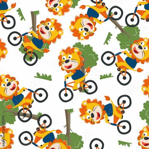 Seamless pattern of cute lion riding a yellow bicycle. Can be used for t-shirt print  kids wear fashion design  invitation card. fabric  textile  nursery wallpaper  poster and other decoration.