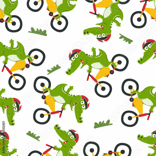 Seamless pattern of cute crocodile riding a scooter. Funny vector illustration. Creative vector childish background for fabric textile  nursery wallpaper  brochure. and other decoration.