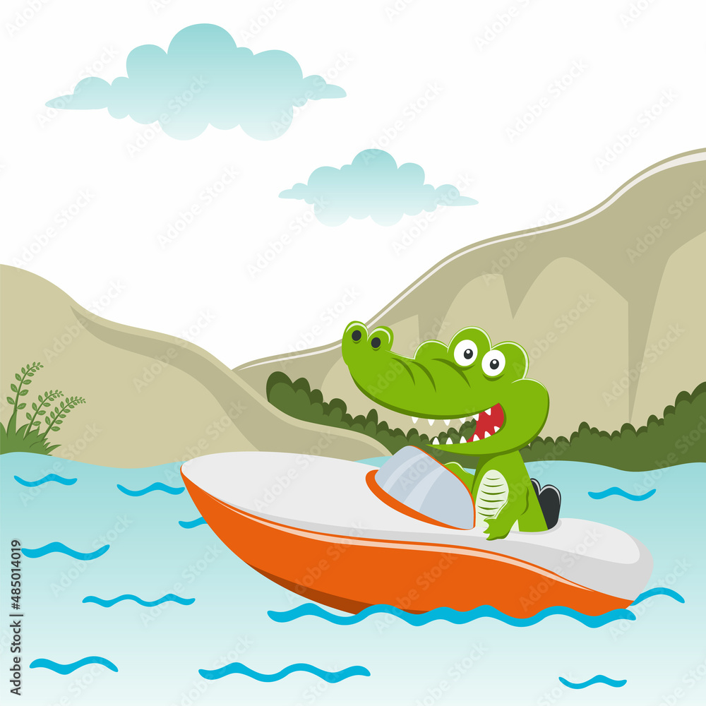Funny crocodile cartoon vector on speed boat with cartoon style. Creative vector childish background for fabric textile, nursery wallpaper, brochure. and other decoration. Funny crocodile cartoon vector on speed boat with cartoon style. Creative vector childish background for fabric textile, nursery wallpaper, brochure. and other decoration.