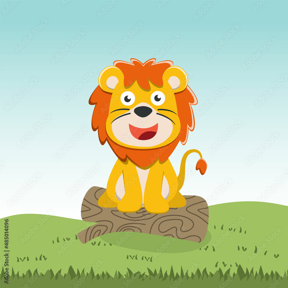 Illustration of funny lion sit on tree trunk, Creative vector childish background for fabric, textile, nursery wallpaper, poster, card, brochure. and other decoration. Illustration of funny lion sit on tree trunk, Creative vector childish background for fabric, textile, nursery wallpaper, poster, card, brochure. and other decoration.