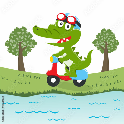 Vector illustration of cute crocodile riding a scooter. Funny vector illustration. Creative vector childish background for fabric textile, nursery wallpaper, brochure. and other decoration.