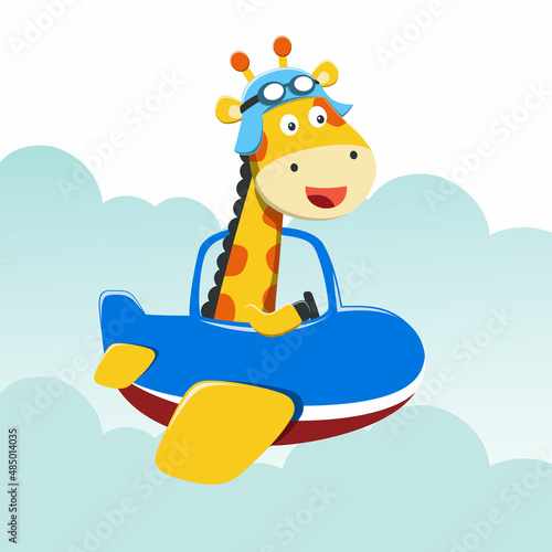 Cartoon illustration of cute giraffe flying in an airplane, Creative vector childish background for fabric, textile, nursery wallpaper, poster, card, brochure. and other decoration.