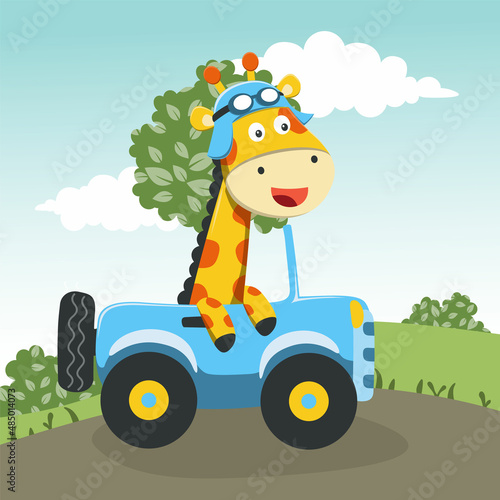 Vector illustration of cute little horse driving a car go to forest funny animal cartoon vector illustration. Vector illustration. T-Shirt Design for children. Design elements for kids.