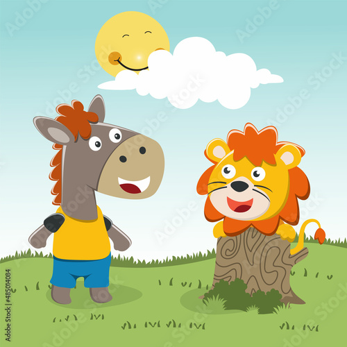 Happy cute lion and horse in field. Can be used for t-shirt printing, children wear fashion designs, baby shower invitation cards and other decoration.