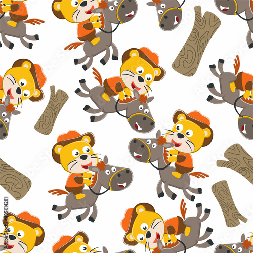 Seamless pattern of lion the cowboy riding a brown horse, T-Shirt Design for children. Design elements for kids.
