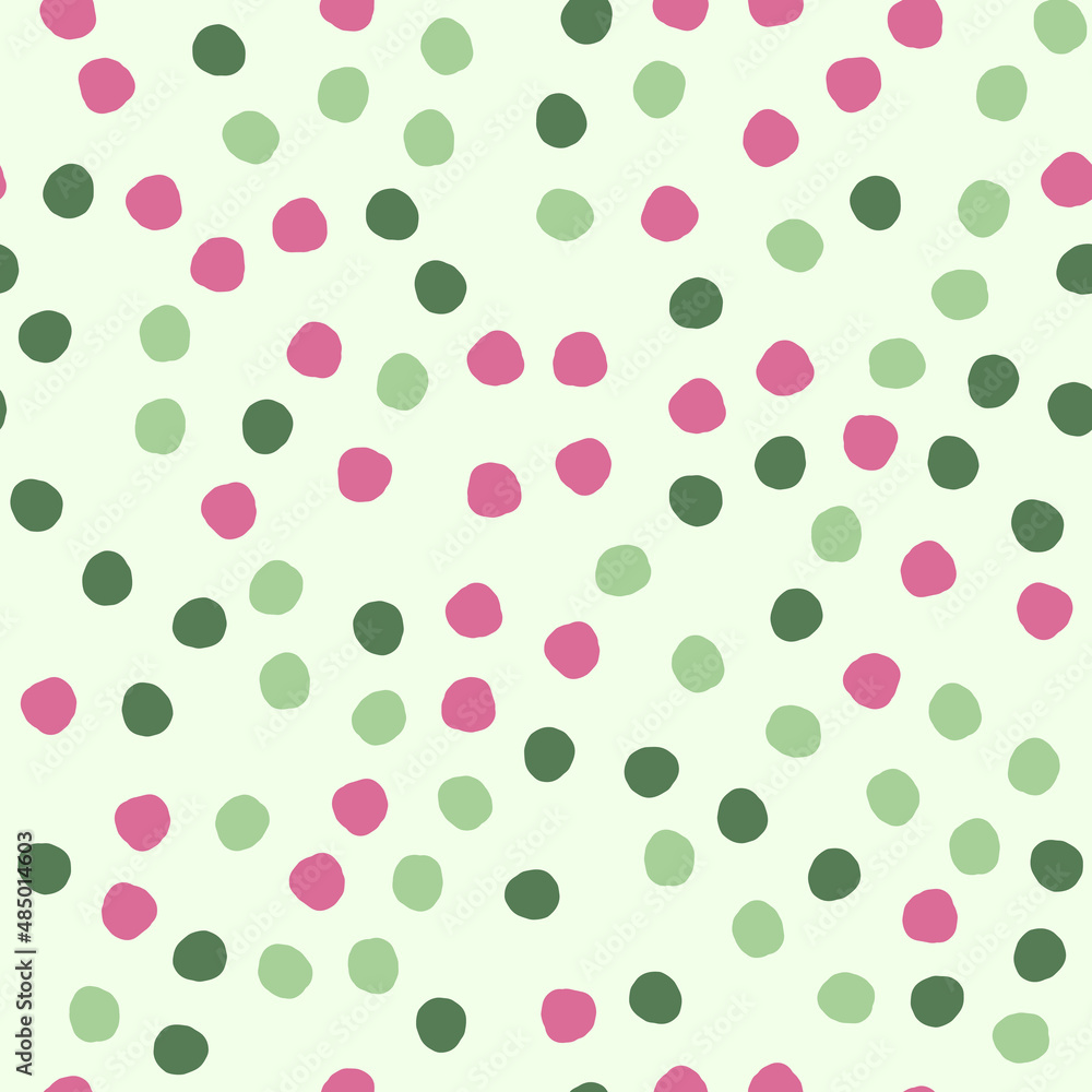 Seamless pattern with hand drawn circles. Abstract geometric spring pattern with green and pink circles. Random, chaotic pastel background with cute bubbles. Seamless pattern with hand drawn circles. Abstract geometric spring pattern with green and pink circles. Random, chaotic pastel background with cute bubbles.