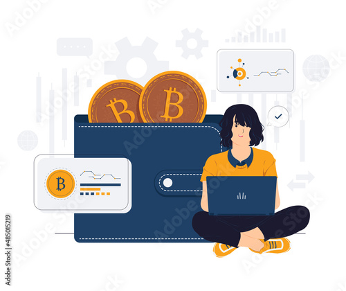 Woman with laptop sit down in front of cryptocurrency wallet concept illustration