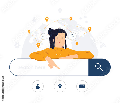 Woman pointing at web browser online, search engine bars, seo optimization, concept illustration