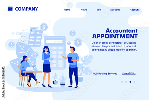 Accountant appointment. Isometric banner. Male and female flat cartoon characters communicate with each other standing by a large calculator. Landing page template
