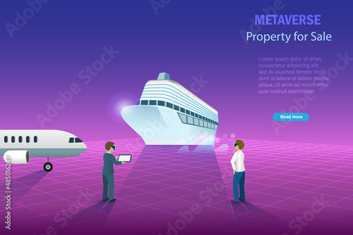 Metaverse property for sale, virtual airplane and cruise ship. Businessman buy property for sale in metaverse cyber space futuristic environment. Digital investment technology in metaverse simulation.