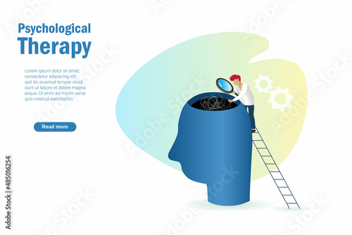 Psychological therapy, Psychotherapy, mental health and depressive disorder concept. Psychologist doctor hold magnifying glass unravel tangle chaos in patient mind.