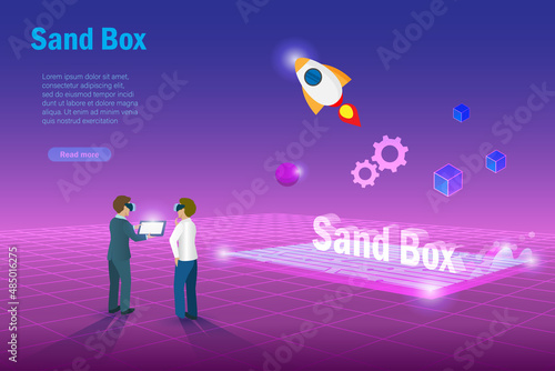 Sandbox, demo test software programing. Virtual experiment  development technology in metaverse cyber space simulation background