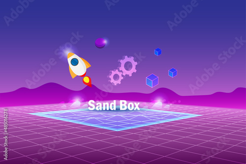 Sandbox, demo test software programing. Virtual experiment  development technology in metaverse cyber space simulation background.
