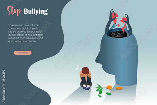 Stop bullying, child buse, violence in school and family concept. Teenager boy crying with devil hands tearing his heart. Mental health problem and depressive disorder.