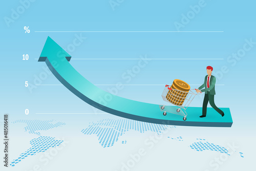 Consumer spending, consumer price index,inflation and economic indicator scale concept. Businessman pushing shopping cart with gold coins on growth graph road.
