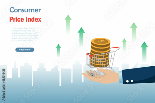 Business man hand hold shopping cart with growth hart of gold coins. Growth of grocery sales. CPI, consumer price index, inflation and economic indicator  concept.