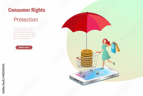 Consumer rights protection. Woman with shopping cart full of gold coins on smart phone under protection from red umbrella. Online shopping and online customer rights protection concept.