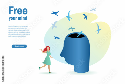 Happy woman free birds from human brain. Abstract psycohogy freedom metaphor, mindfulness, positive mindset and creativity