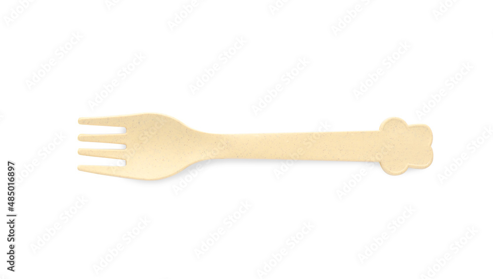 Plastic fork isolated on white, top view. Serving baby food Plastic fork isolated on white, top view. Serving baby food