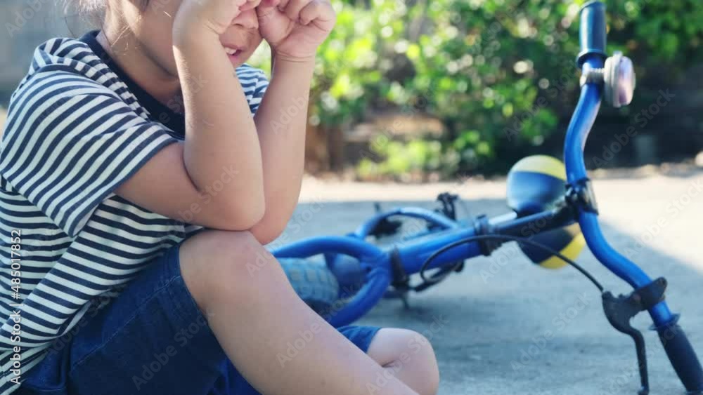 Sad little girl sitting on the ground after falling off her bike at summer park. Child was injured while riding a bicycle. Sad little girl sitting on the ground after falling off her bike at summer park. Child was injured while riding a bicycle.