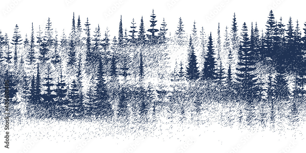 Vector sketch, banner. Forest, imitation of a pencil drawing.