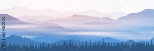 Vector illustration of mountains, valley in fog, morning light, panoramic view   © Valerii