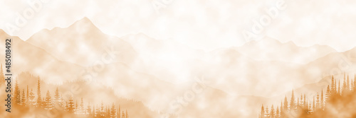 Vector drawing of a mountain landscape, fog. Imitation of watercolor paint.	