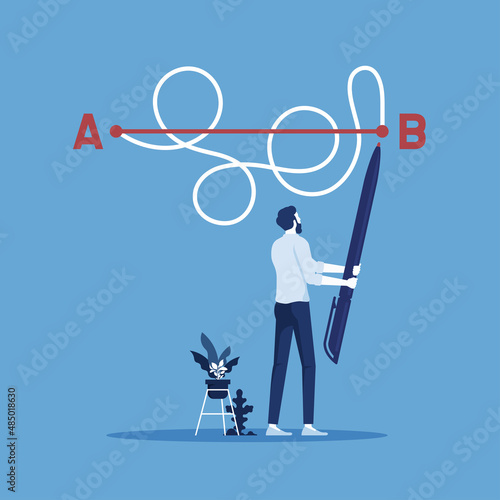 Businessman holding pen in hand leads a drawing line from point A to point B, Straight and complicated path, Shortest distance to goal, easy or shortcut way to win business success or hard path and ob photo