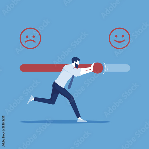 Businessman pushing satisfaction or loading progress level bar slider between smiley and upset customer face. Rating or review ranking bar, feedback rate emoticon illustration concept