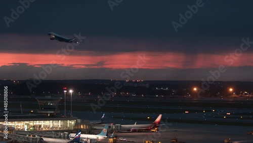 Evening view of Sheremetyevo Airport and AirBridgeCargo plane departing, Moscow photo