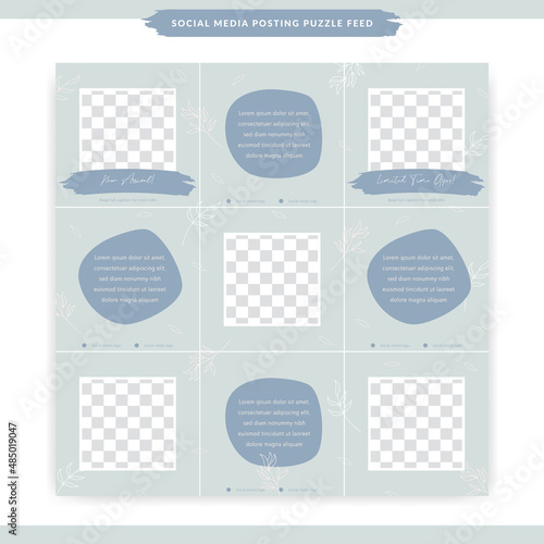 pastel blue instagram social media background posting puzzle feed template in 3x3 size aesthetic with rustic flower leaf decoration