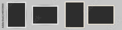 Old photo frame set with shadows. Vertical and horizontal black retro snapshots with straight and carved edge template. 3D realistic vector illustration.