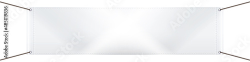White textile banner, blank empty canvas template. Horizontal advertising vinyl banner with eyelets. 3D realistic isolated vector illustration.