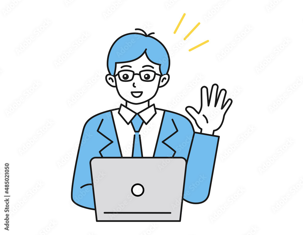 ノートパソコンを使ってオンライン上で挨拶をする男性のイラスト　ビジネスシーン