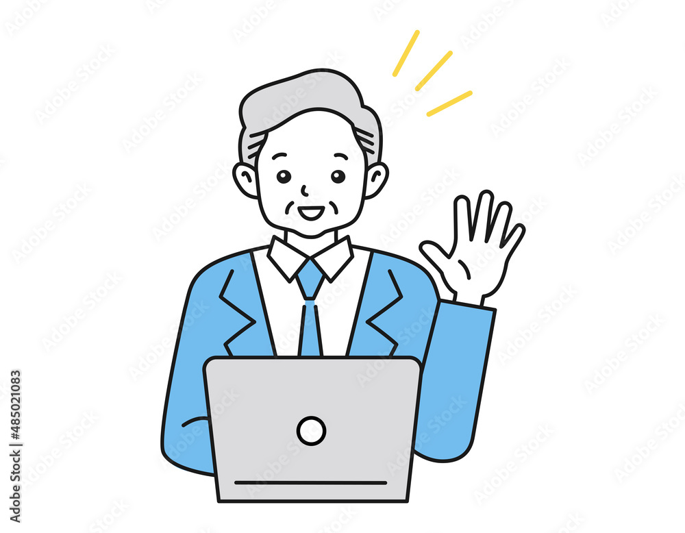 ノートパソコンを使ってオンライン上で挨拶をする年配男性のイラスト　ビジネスシーン