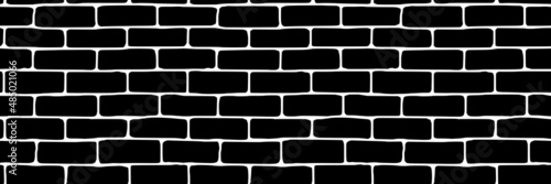 Vector drawing of a brick wall, banner, black and white background. Seamless pattern. 
