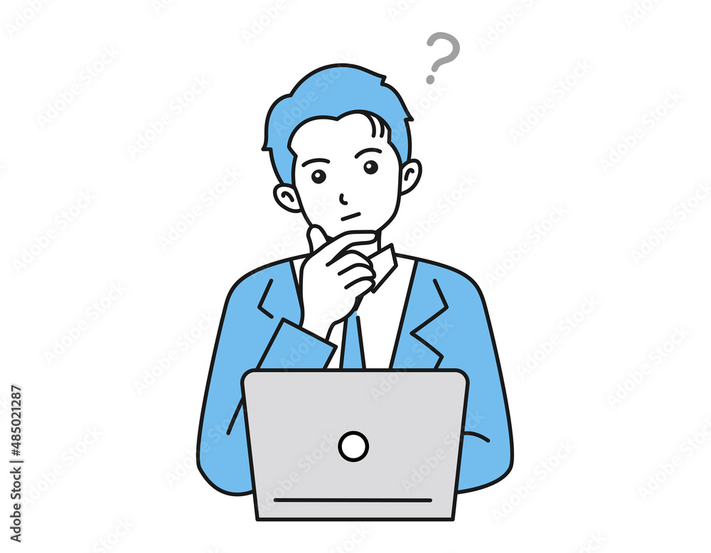 ノートパソコンの前で考え事をする男性のイラスト ビジネスシーン ノートパソコンの前で考え事をする男性のイラスト ビジネスシーン