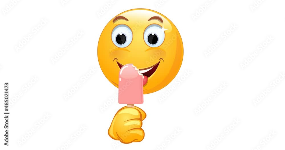 Vidéo Stock Satisfied Emoji licks ice cream. Happy emoticon eating ice