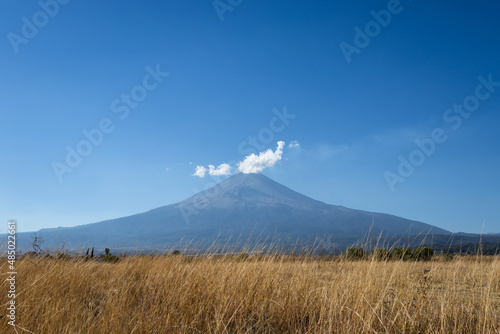 View of the Popocatepetl volcano in Puebla, Mexico photo