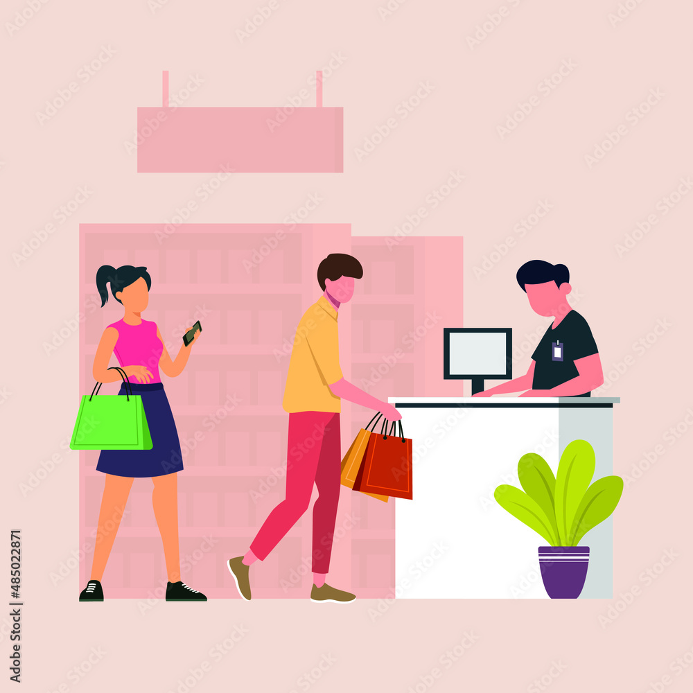 Man paying goods and women  holding Shopping Bags waiting in Line in front of Cash Desk. Customers Queue in Retail Shop or Supermarket. Vector colorful illustration.