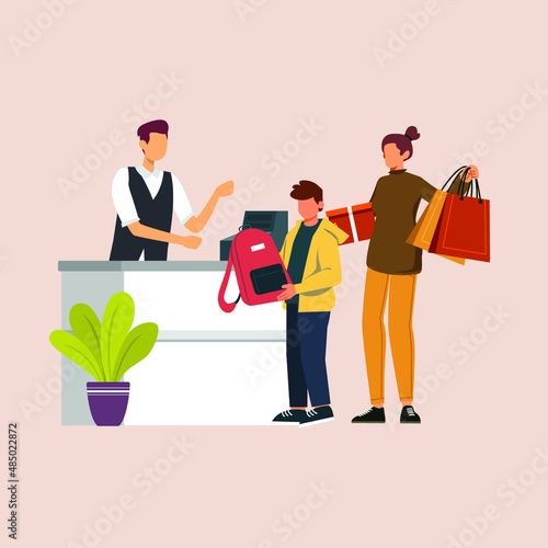 Young boy paying a red bag with his mother waiting in Line in front of Cash Desk. Colored flat cartoon vector illustration of customers in boutique or outlet.
