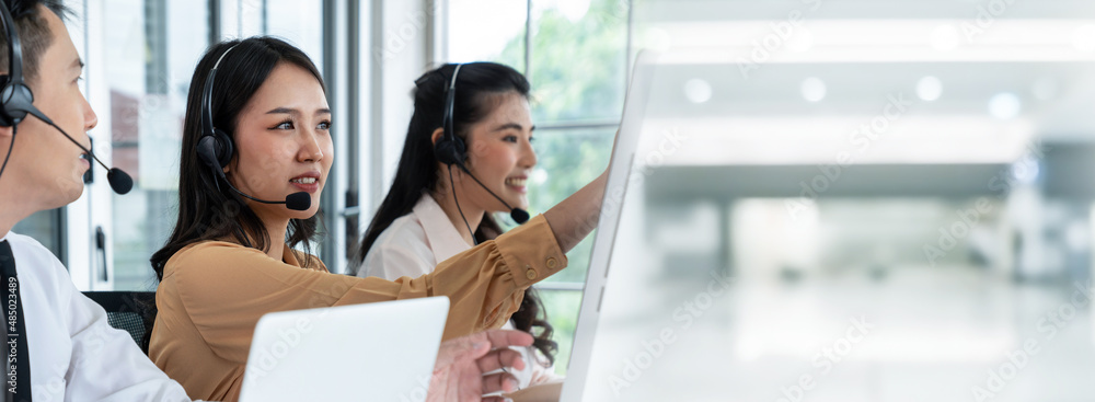 Business team wearing headset working actively in office . Call center, telemarketing, customer support agent provide service on telephone video conference call. - obrazy, fototapety, plakaty 