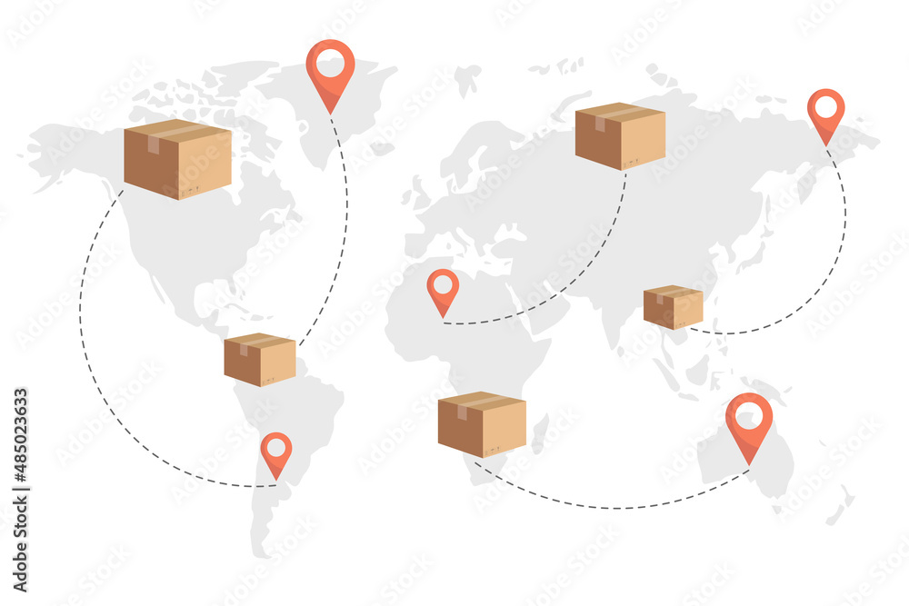 Global logistics network. Worldwide shipping by air and sea freight transport. World map with cargo moving. - obrazy, fototapety, plakaty 