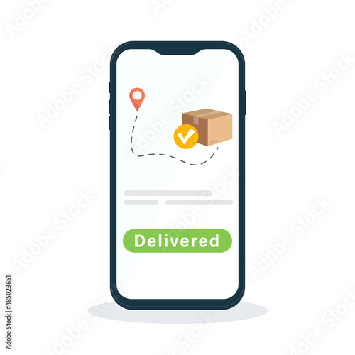 Logistics. Delivery service app on smartphone. Notification of the receipt of delivery on the phone screen.
