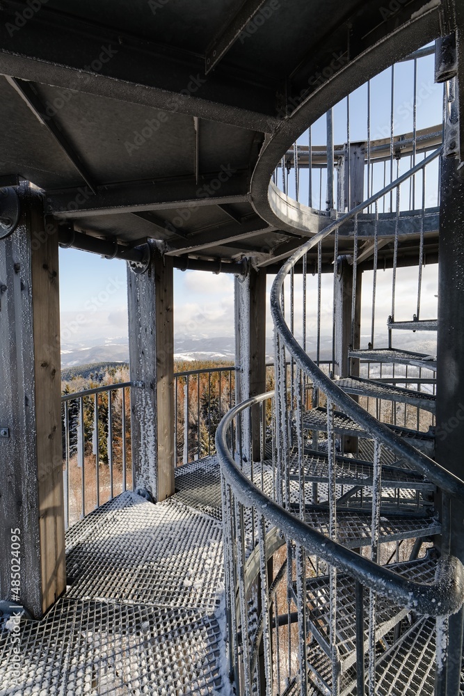 Icing on the stairs and platform of the Kelcsky Javornik lookout tower. Hostyn hills. Moravia. Europe. Icing on the stairs and platform of the Kelcsky Javornik lookout tower. Hostyn hills. Moravia. Europe.