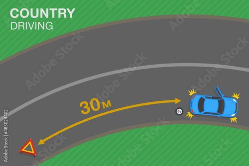 Safety driving rules and tips. Hazard or Warning triangle placement. Red breakdown triangle stands near broken car on road side. Flat vector illustration template.