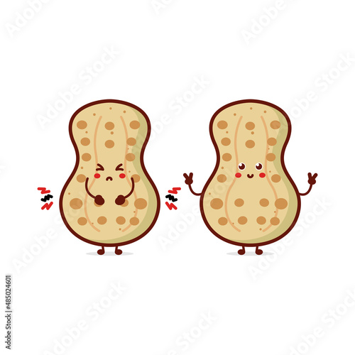 Funny cute happy Peanut nut characters bundle set. Vector line cartoon style illustration. Cute Peanut nut,shell,healthy food,nutrition mascot character collection set. Funny cute,kids,baby set